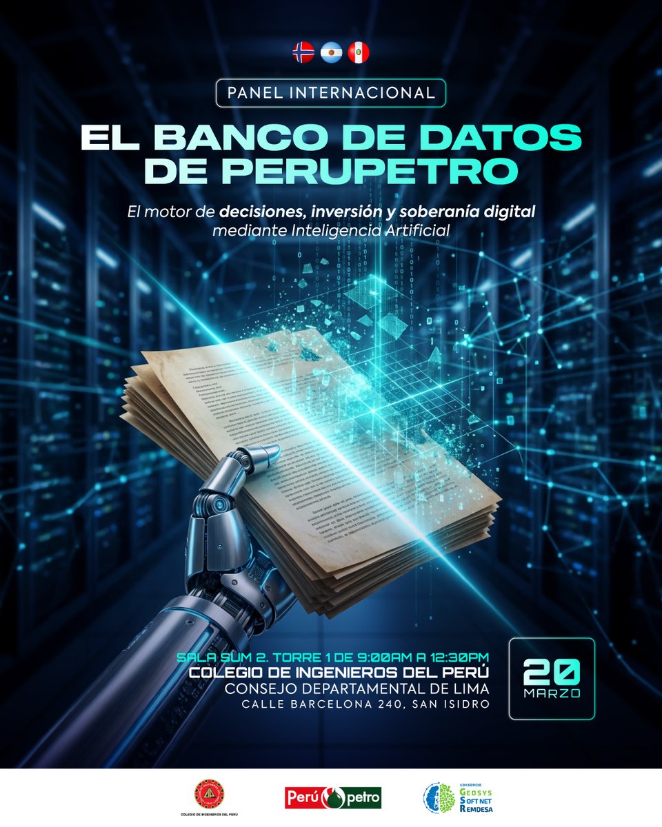 Perupetrosa's tweet photo. Panel Internacional: “El Banco de Datos de PERUPETRO”, un espacio de diálogo donde especialistas nacionales e internacionales abordarán el rol estratégico de la información para el desarrollo energético del país. Regístrate por correo a gcordova@perupetro.com.pe #BancoDeDatos https://t.co/dDUEyO48Xc