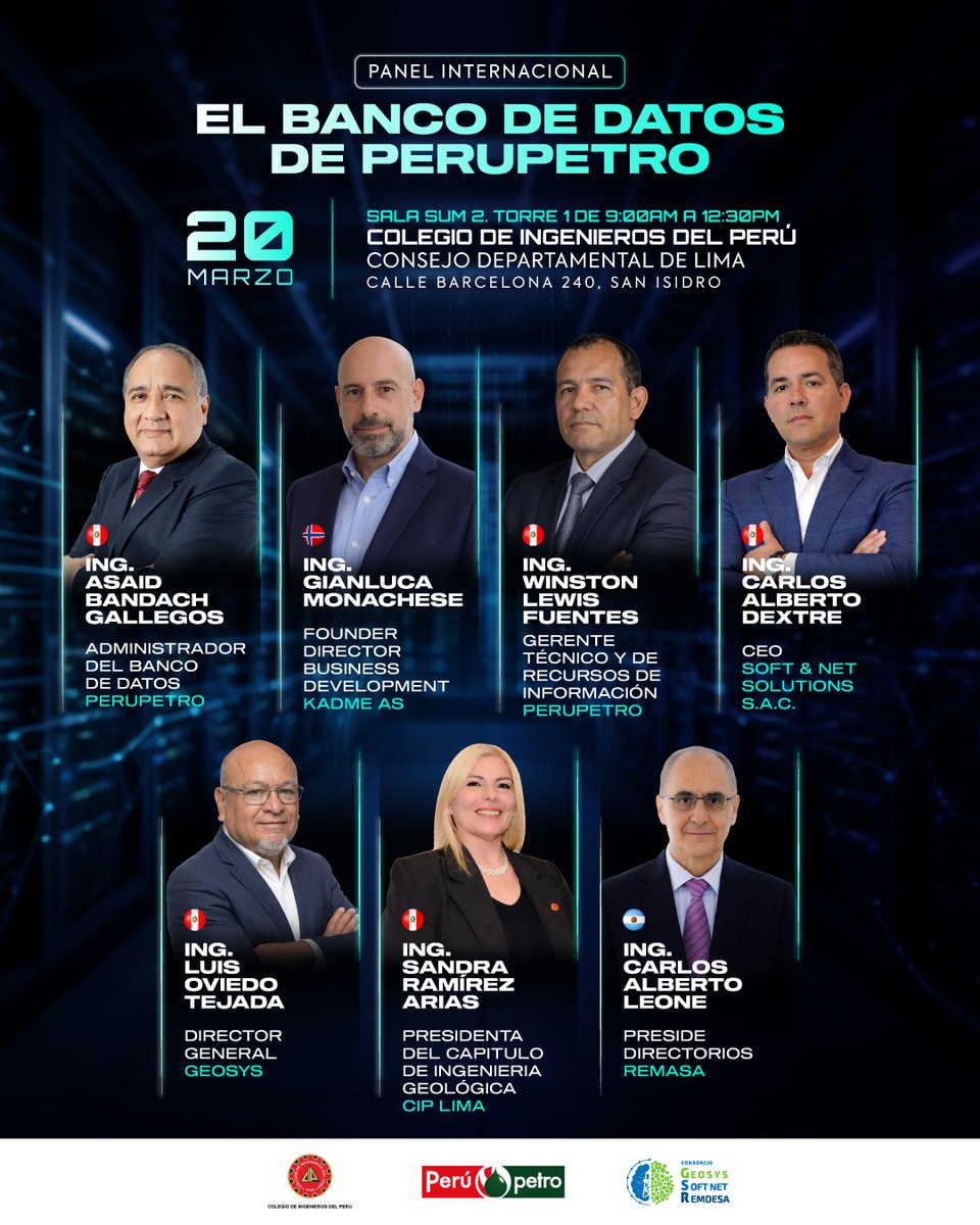 Perupetrosa's tweet photo. Panel Internacional: “El Banco de Datos de PERUPETRO”, un espacio de diálogo donde especialistas nacionales e internacionales abordarán el rol estratégico de la información para el desarrollo energético del país. Regístrate por correo a gcordova@perupetro.com.pe #BancoDeDatos https://t.co/dDUEyO48Xc