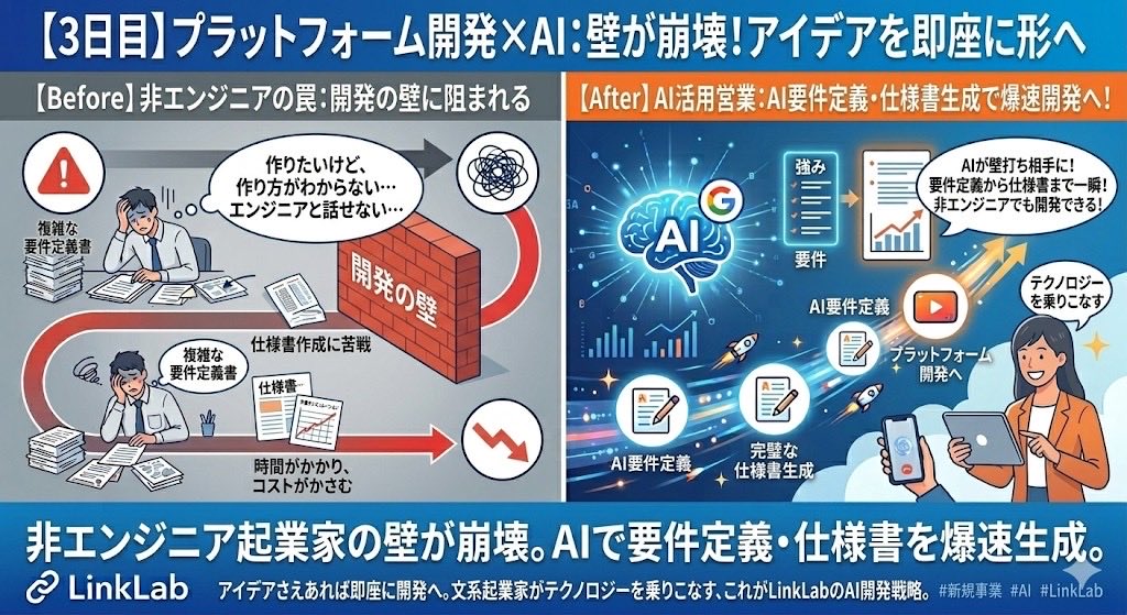 Linklab1111111's tweet photo. 【プラットフォーム開発×AI】
店舗とインフルエンサーのマッチング等、プラットフォーム開発の壁が崩壊した。
作りたい機能の「要件定義」すらAIが壁打ち相手となり、完璧な仕様書を書き上げる。
文系起業家がテクノロジーを乗りこなす時代だ。
#新規事業 #AI #LinkLab https://t.co/089HVtj4YT