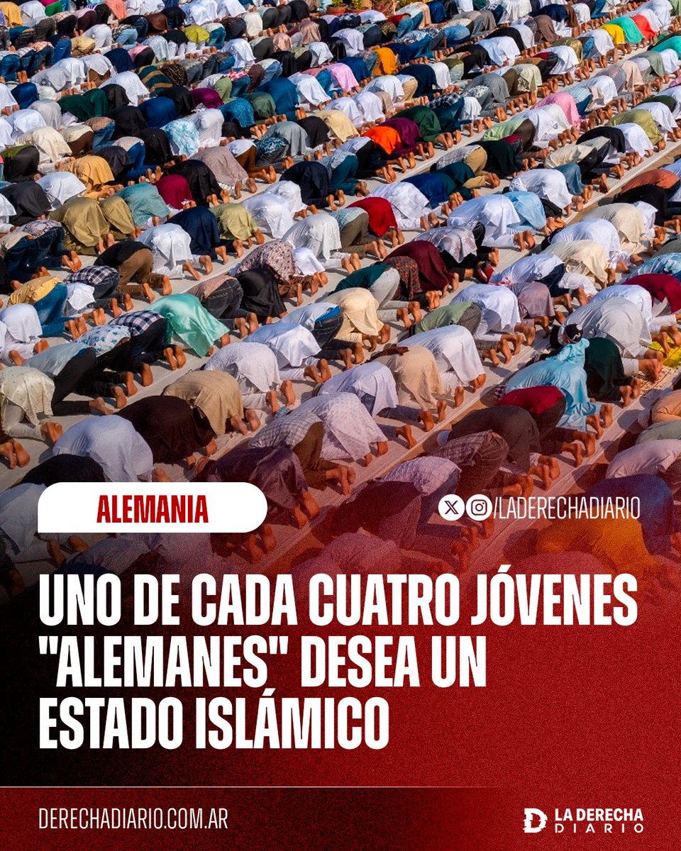 laderechadiario's tweet photo. 🚨🇩🇪☪️ | ALEMANIA SE SUICIDÓ: Se reveló que uno de cada cuatro jóvenes "alemanes" considera que un Estado islámico sería "la mejor forma de gobierno" y que las normas del Corán deberían prevalecer sobre la legislación alemana, según un estudio de MOTRA. https://t.co/IOnLyV2xjS