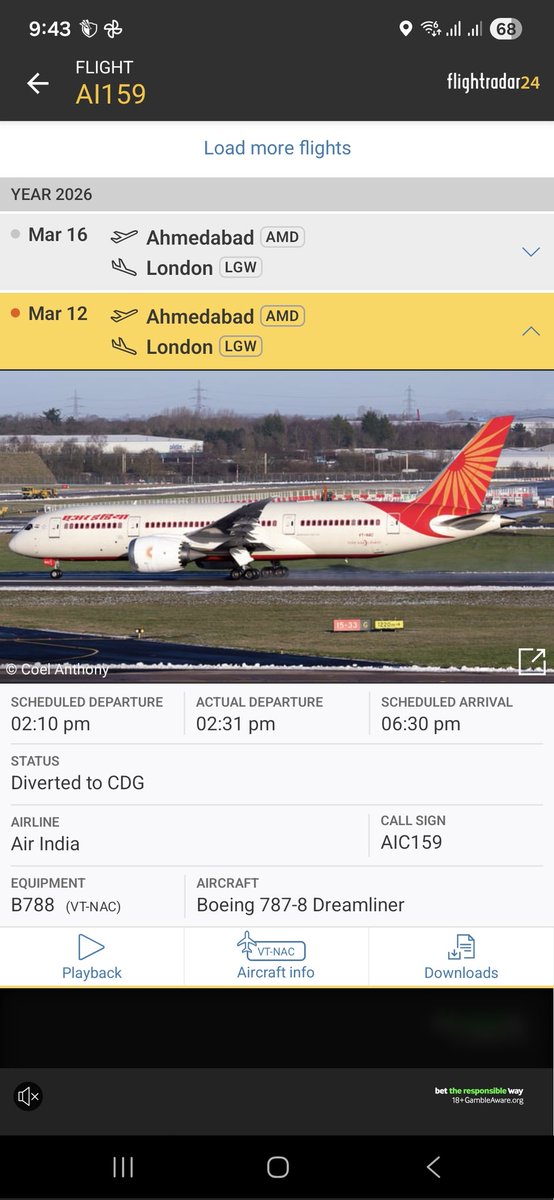 pathikypatel's tweet photo. @airindia AI159 from Ahmedabad to London on 12th March 2026 was diverted to Paris (CDG). Can you please clarify the reason for this diversion? Thank you. https://t.co/bQns0XIwnA