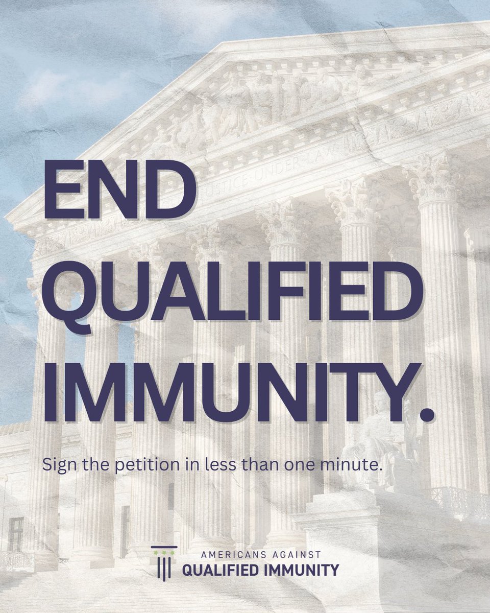 USAgainstQI's tweet photo. Qualified immunity lets government officials escape accountability when they violate constitutional rights.
 
It is time to end qualified immunity and restore real limits on government power. Sign the petition today: https://t.co/uCwt3JKhVg https://t.co/6Q9RrJzRYR