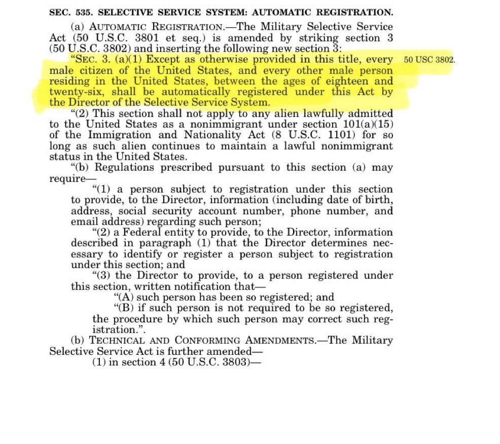 alpha_co's tweet image. All men over the age of 18 in the United states signed up for the selective service system

Anyone between the ages of 18-26 will be drafted under this act

It is mandatory too