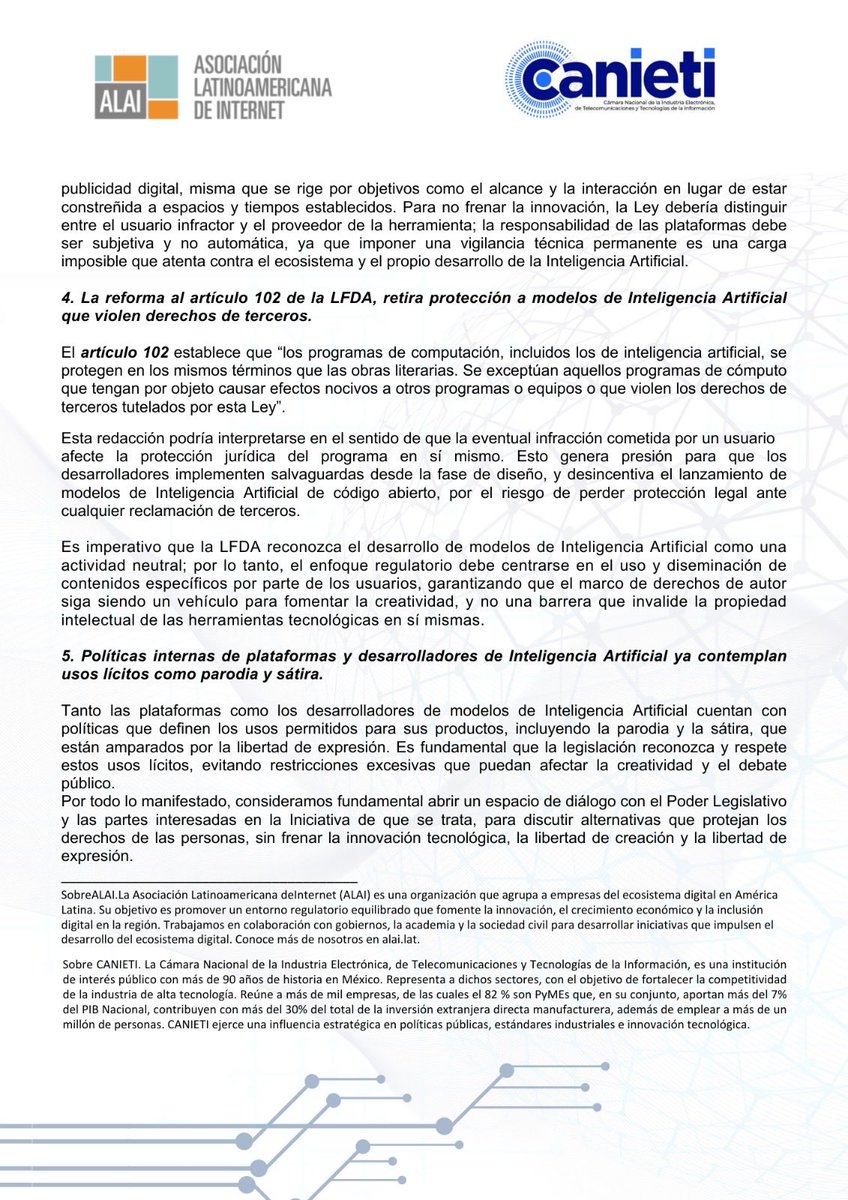 La reforma a la Ley Federal del Derecho de Autor en México genera incertidumbre en el sector digital.
Desde CANIETI y ALAI proponemos un diálogo técnico para analizar su impacto en la Inteligencia Artificial sin frenar la innovación. 🇲🇽💻