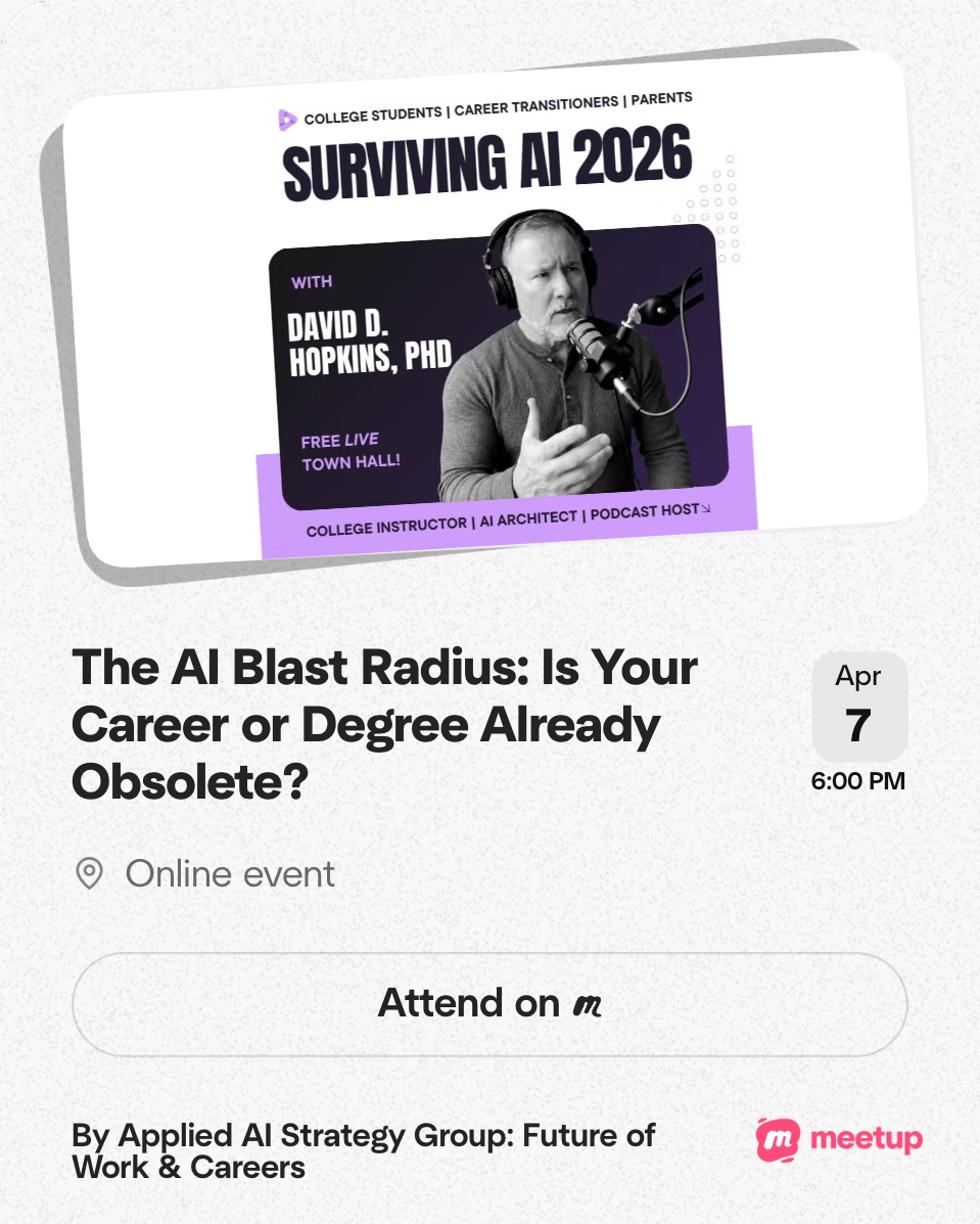 DavidDHopkins's tweet photo. I am excited to announce an upcoming public talk focused on the intersection of higher education, career viability, and the new AI economy. I am very much looking forward to delivering this presentation and opening the floor to public Q&A.

We are currently observing the most profound structural shift to the workforce in modern history. The traditional blueprint—secure a degree, find a safe desk job, and climb the ladder—is mathematically decoupling from current market realities.

In this session, we will step away from the hype and examine the raw macroeconomic data. 

We will look at plunging placement rates in certain fields, the specific degrees facing automation, and the necessary architectural pivot required for both students and professionals to remain viable in the coming decade.

Whether you are a parent, a student, or a mid-career professional, I invite you to join the conversation.

Seating is limited for this free, virtual event. Registration is required. You can reserve your seat below 👇

https://t.co/lFFXL0wqjC

#events #artificialintelligence #ai #careers #aiandjobs #aiandcollege