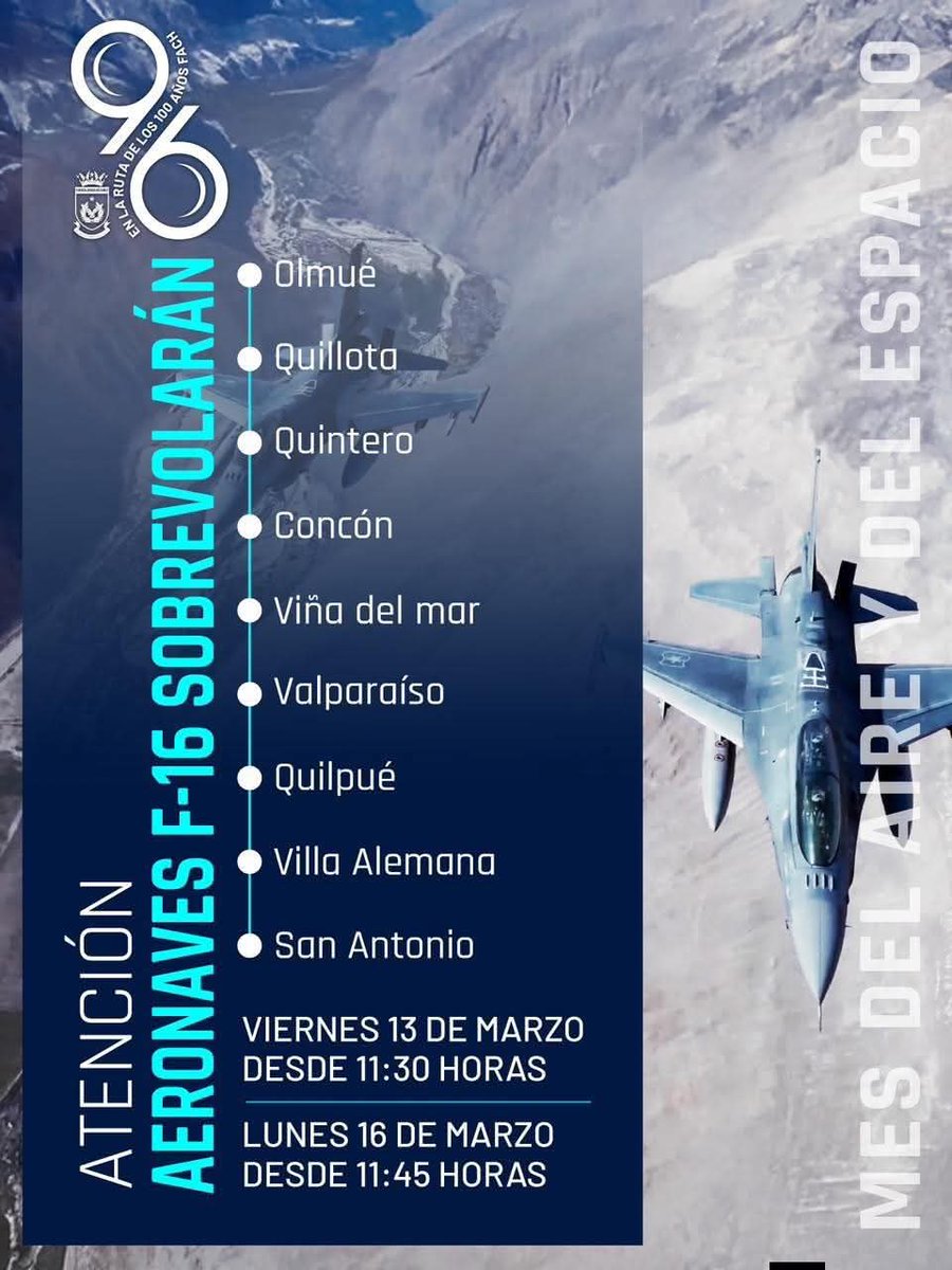 #FACH #96años
ATENCIÓN!!!
Aviones de combate F-16 de La FACH van a sobrevolar nuestra región por el mes de su aniversario.