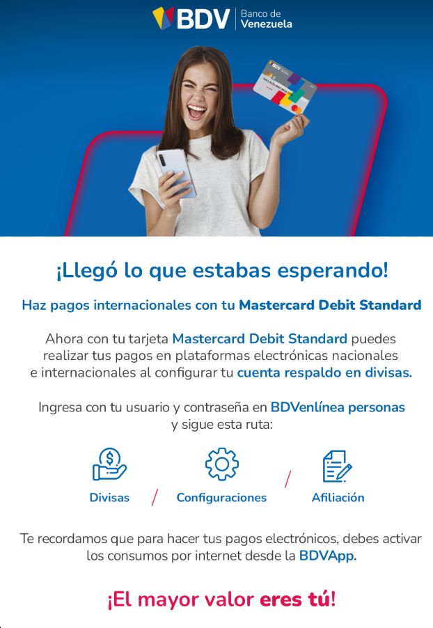 gcardozom's tweet photo. Muy buena está del @BcodeVenezuela ahora con la máster debit standart se podrán realizar pagos internacionales con la cuenta en divisas https://t.co/7Bp2hi4nBN