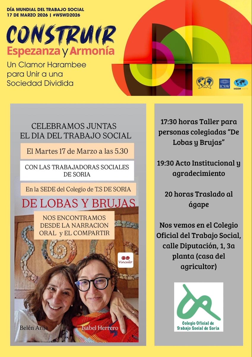 TrabSocialCyL's tweet photo. Si eres #TrabajadorSocial y estás en #Soria el 17 de marzo, no dejes de celebrar con tus compañeros y colegas el Día Mundial del Trabajo Social. ¡Porque celebrar es creer con orgullo en lo que hacemos y creer es crear espacios compartidos!
Harambee: rememos juntos! https://t.co/3I10sjcuLd