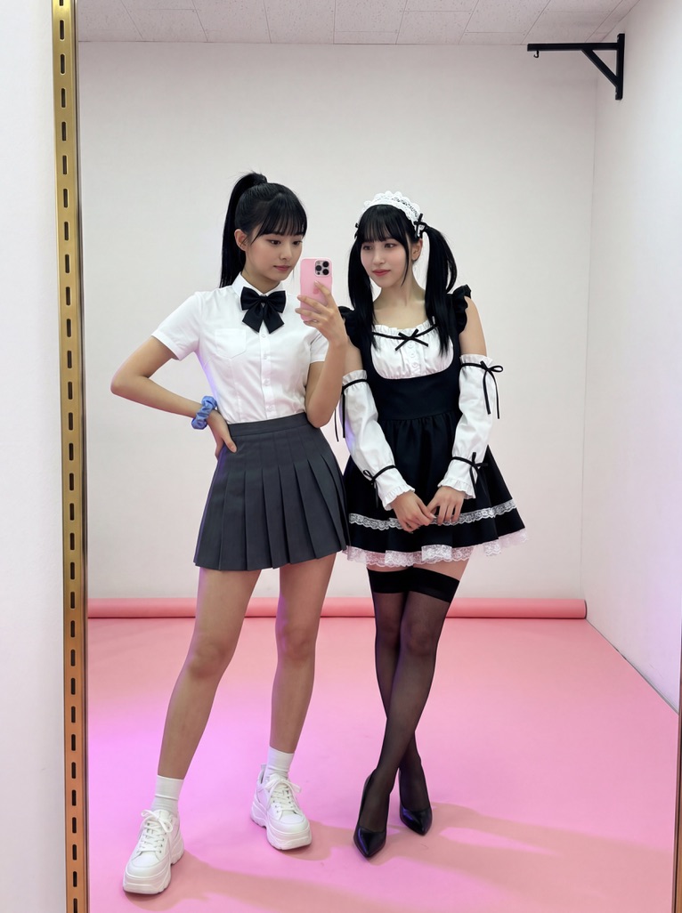 youngcatwoman's tweet photo. Japan trip, japan fits!

Tzuyu and Sana

Nano Banana Pro via @Hailuo_AI

{
"prompt": "Chou Tzuyu and Myoui Mina from TWICE taking a mirror selfie in a studio with a pink floor. Left woman (Tzuyu) in school uniform, right woman (Mina) in maid cosplay. --ar 3:4",
"aspect_ratio": "3:4",
"subjects": [
{
"identity": "Chou Tzuyu, tall KPOP idol, striking visuals, large clear almond eyes, high nose bridge, elegant jawline, fair glowing skin.",
"position": "left",
"pose": "Right hand on hip, left hand holding pink smartphone for mirror selfie.",
"hair": "Black high ponytail with straight bangs.",
"outfit": "White short-sleeve button-up shirt, black bow tie, dark grey micro-pleated skirt, blue scrunchie on right wrist.",
"footwear": "White chunky platform sneakers, white ankle socks.",
"build": "Tall, athletic, muscular legs."
},
{
"identity": "Myoui Mina, KPOP idol, elegant aura, soft delicate facial features, signature moles on bridge of nose and upper lip, gentle eyes, fair skin.",
"position": "right",
"pose": "Standing beside, hands gently clasped in front, looking toward the phone.",
"hair": "Black twin pigtails with straight bangs.",
"outfit": "Maid costume: white ruffled blouse, detached sleeves with black ribbon ties, black pinafore dress with white lace trim, white lace headband.",
"footwear": "Black sheer thigh-high stockings, black pointed-toe pumps.",
"build": "Slender, graceful posture."
}
],
"background": {
"setting": "Photo studio.",
"details": "White walls, pink backdrop paper unrolled on the floor. Gold slotted metal mirror frame on the left edge. Black bracket top right."
},
"color_grading": {
"lighting": "Bright, flat studio lighting.",
"tone": "Neutral, soft magenta bounce light from the floor.",
"exact_colors": {
"pink_floor": "#E69CA9",
"white_walls": "#EFEFEF",
"grey_skirt": "#3B3D40",
"black_dress": "#151515",
"pink_phone": "#F5C6CB",
"skin_base": "#FAE3D9"
}
}
}