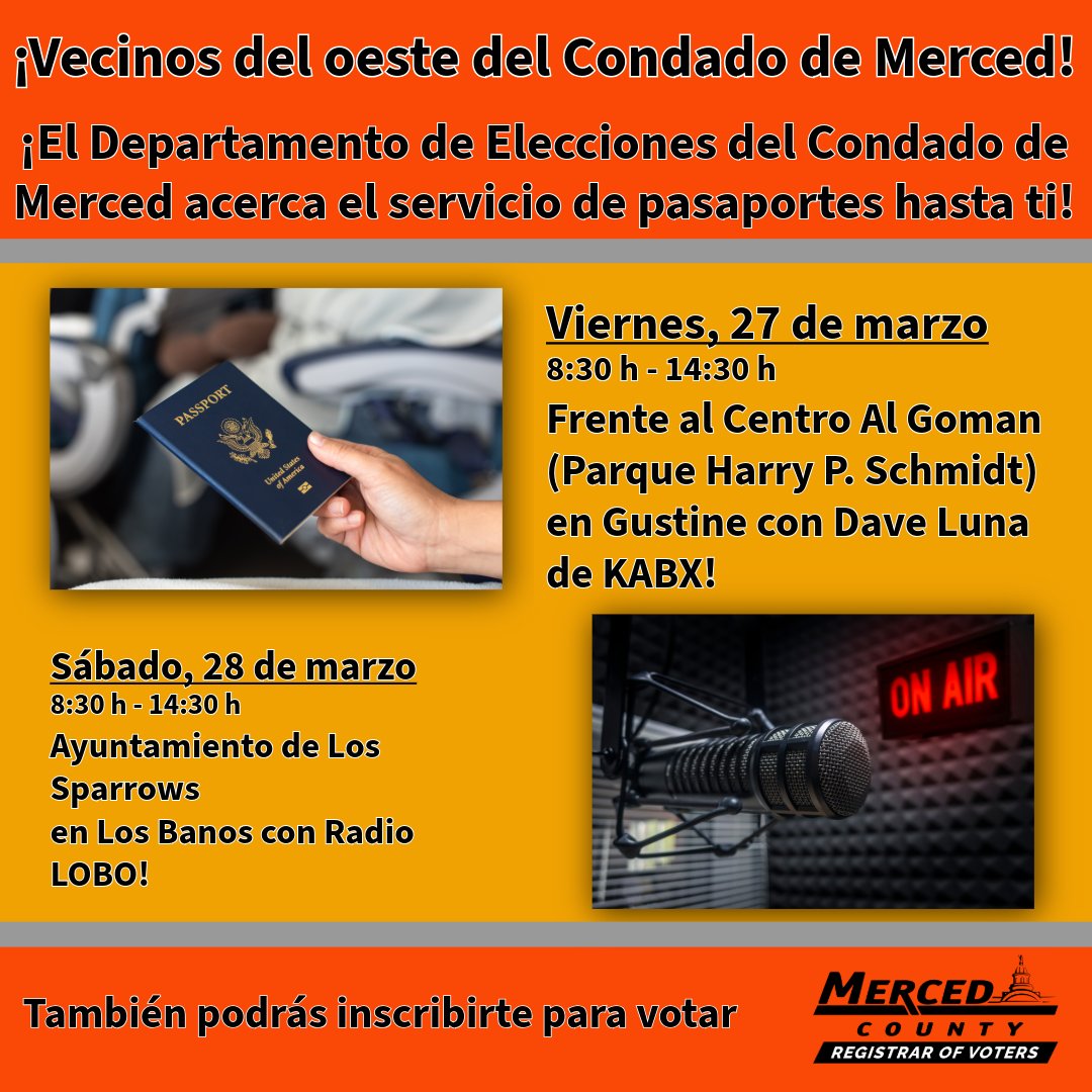 MercedCountyROV's tweet photo. Upcoming Passport Service Events! #Passports #MercedCounty #Elections #Travel

¡Próximos eventos de servicios de pasaportes! https://t.co/WcLMJzcTLZ