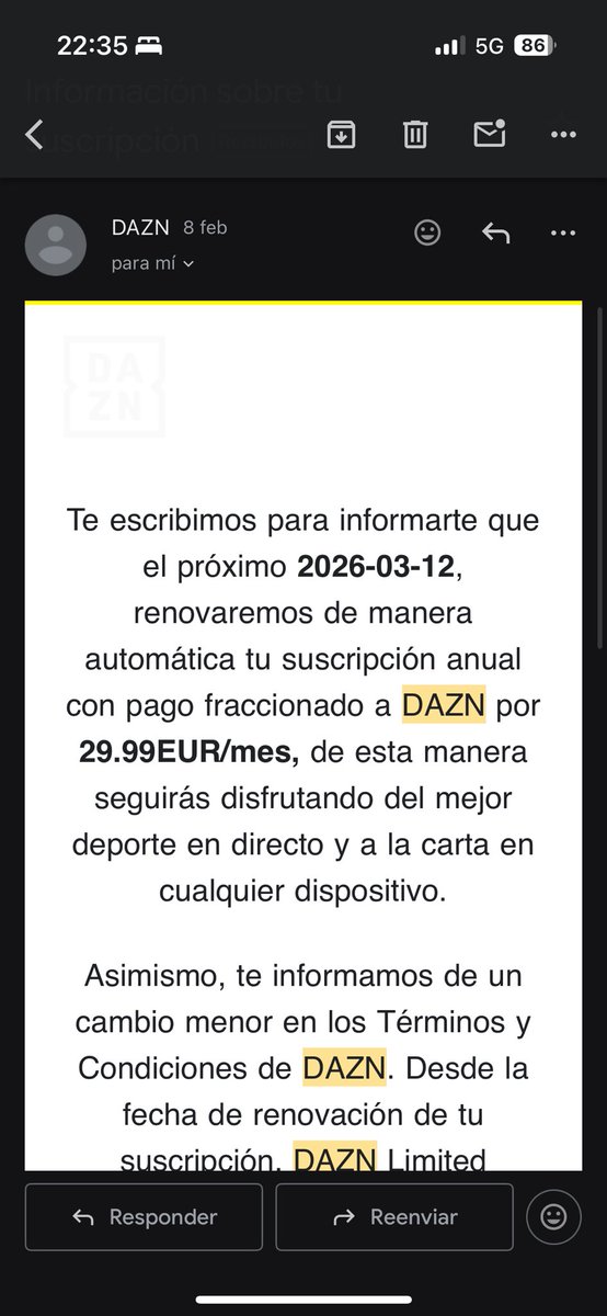 Esto es <a href="/DAZN_ES/">DAZN España</a> adquieres una subscripción 19,99€ por 1año permanencia.Cuando descubres en tu cuenta -29,99 Llamas y te dicen que "renuevan automáticamente"(suben precio) busco y descubro email, (nadie te llama, te cambian las condiciones) y obligan a esto otro año más…