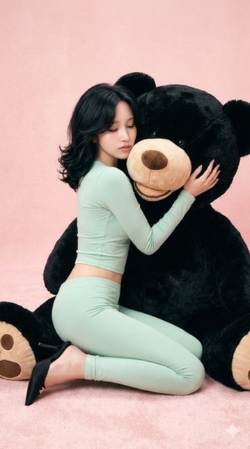 youngcatwoman's tweet photo. Don’t poke the bear!

Tzuyu
Nayeon
Mina

Twice

Nano Banana Pro via Gemini

{
"image_generation_prompt": {
"subject": {
"description": "Tzuyu from the KPOP group Twice. Slender physique, pale flawless skin, large captivating doe eyes, a straight elegant nose, and plush glossy pink lips.",
"hair": "Long, silky dark brown, styled in a voluminous 90s-style bombshell blowout with soft, face-framing layers and bouncing curls with a high-shine texture.",
"face": "Soft, dreamy expression with glossy pink lips and dewy, flushed cheeks; smooth skin texture with a radiant glow.",
"body": "Slender and petite physique; smooth, flawless pale skin texture."
},
"attire": {
"clothing": "Form-fitting pastel blue long-sleeve crop top in a soft jersey fabric; matching pastel blue low-rise leggings; styled with a single black satin pointed-toe mule heel featuring a gold designer logo on the stiletto.",
"style": "Y2K Glamour / Soft Coquette."
},
"styling_and_accessories": {
"jewelry": [
"A massive, plush black oversized teddy bear with tan snout and paw pads used as a central prop."
]
},
"environment": {
"setting": "A minimalist studio space with a seamless background.",
"background": "Soft, pastel pink textured backdrop that creates a warm, monochromatic glow.",
"water": "None"
},
"pose": {
"posture": "Sitting elegantly beside the giant black teddy bear, leaning back slightly against its plush stomach, one leg extended and the other bent at the knee.",
"arms": "Resting her head softly on the bear's arm.",
"angle": "Eye-level, slightly low-angle to emphasize the playful scale of the prop."
},
"lighting_and_mood": {
"lighting": "High-key studio lighting with soft diffusion, creating a bright, commercial fashion aesthetic with minimal harsh shadows.",
"mood": "Playful, feminine, and nostalgic.",
"colors": "A primary palette of soft pink, crisp pastel blue, and deep obsidian black."
},
"camera_and_technical": {
"style": "Ultra Photorealistic, RAW photo.",
"lens": "50mm",
"aperture": "f/4.0 for sharp detail across the subject and the plush texture of the bear.",
"aspect_ratio": "9:16",
"quality_tags": [
"8k resolution",
"highly detailed",
"volumetric lighting",
"ray tracing reflections",
"hyper-realistic texture",
"Hasselblad photography",
"--ar 9:16"
]
}
}
}
