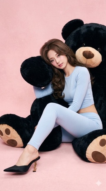 youngcatwoman's tweet photo. Don’t poke the bear!

Tzuyu
Nayeon
Mina

Twice

Nano Banana Pro via Gemini

{
"image_generation_prompt": {
"subject": {
"description": "Tzuyu from the KPOP group Twice. Slender physique, pale flawless skin, large captivating doe eyes, a straight elegant nose, and plush glossy pink lips.",
"hair": "Long, silky dark brown, styled in a voluminous 90s-style bombshell blowout with soft, face-framing layers and bouncing curls with a high-shine texture.",
"face": "Soft, dreamy expression with glossy pink lips and dewy, flushed cheeks; smooth skin texture with a radiant glow.",
"body": "Slender and petite physique; smooth, flawless pale skin texture."
},
"attire": {
"clothing": "Form-fitting pastel blue long-sleeve crop top in a soft jersey fabric; matching pastel blue low-rise leggings; styled with a single black satin pointed-toe mule heel featuring a gold designer logo on the stiletto.",
"style": "Y2K Glamour / Soft Coquette."
},
"styling_and_accessories": {
"jewelry": [
"A massive, plush black oversized teddy bear with tan snout and paw pads used as a central prop."
]
},
"environment": {
"setting": "A minimalist studio space with a seamless background.",
"background": "Soft, pastel pink textured backdrop that creates a warm, monochromatic glow.",
"water": "None"
},
"pose": {
"posture": "Sitting elegantly beside the giant black teddy bear, leaning back slightly against its plush stomach, one leg extended and the other bent at the knee.",
"arms": "Resting her head softly on the bear's arm.",
"angle": "Eye-level, slightly low-angle to emphasize the playful scale of the prop."
},
"lighting_and_mood": {
"lighting": "High-key studio lighting with soft diffusion, creating a bright, commercial fashion aesthetic with minimal harsh shadows.",
"mood": "Playful, feminine, and nostalgic.",
"colors": "A primary palette of soft pink, crisp pastel blue, and deep obsidian black."
},
"camera_and_technical": {
"style": "Ultra Photorealistic, RAW photo.",
"lens": "50mm",
"aperture": "f/4.0 for sharp detail across the subject and the plush texture of the bear.",
"aspect_ratio": "9:16",
"quality_tags": [
"8k resolution",
"highly detailed",
"volumetric lighting",
"ray tracing reflections",
"hyper-realistic texture",
"Hasselblad photography",
"--ar 9:16"
]
}
}
}