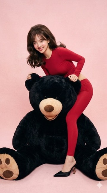 youngcatwoman's tweet photo. Don’t poke the bear!

Tzuyu
Nayeon
Mina

Twice

Nano Banana Pro via Gemini

{
"image_generation_prompt": {
"subject": {
"description": "Tzuyu from the KPOP group Twice. Slender physique, pale flawless skin, large captivating doe eyes, a straight elegant nose, and plush glossy pink lips.",
"hair": "Long, silky dark brown, styled in a voluminous 90s-style bombshell blowout with soft, face-framing layers and bouncing curls with a high-shine texture.",
"face": "Soft, dreamy expression with glossy pink lips and dewy, flushed cheeks; smooth skin texture with a radiant glow.",
"body": "Slender and petite physique; smooth, flawless pale skin texture."
},
"attire": {
"clothing": "Form-fitting pastel blue long-sleeve crop top in a soft jersey fabric; matching pastel blue low-rise leggings; styled with a single black satin pointed-toe mule heel featuring a gold designer logo on the stiletto.",
"style": "Y2K Glamour / Soft Coquette."
},
"styling_and_accessories": {
"jewelry": [
"A massive, plush black oversized teddy bear with tan snout and paw pads used as a central prop."
]
},
"environment": {
"setting": "A minimalist studio space with a seamless background.",
"background": "Soft, pastel pink textured backdrop that creates a warm, monochromatic glow.",
"water": "None"
},
"pose": {
"posture": "Sitting elegantly beside the giant black teddy bear, leaning back slightly against its plush stomach, one leg extended and the other bent at the knee.",
"arms": "Resting her head softly on the bear's arm.",
"angle": "Eye-level, slightly low-angle to emphasize the playful scale of the prop."
},
"lighting_and_mood": {
"lighting": "High-key studio lighting with soft diffusion, creating a bright, commercial fashion aesthetic with minimal harsh shadows.",
"mood": "Playful, feminine, and nostalgic.",
"colors": "A primary palette of soft pink, crisp pastel blue, and deep obsidian black."
},
"camera_and_technical": {
"style": "Ultra Photorealistic, RAW photo.",
"lens": "50mm",
"aperture": "f/4.0 for sharp detail across the subject and the plush texture of the bear.",
"aspect_ratio": "9:16",
"quality_tags": [
"8k resolution",
"highly detailed",
"volumetric lighting",
"ray tracing reflections",
"hyper-realistic texture",
"Hasselblad photography",
"--ar 9:16"
]
}
}
}