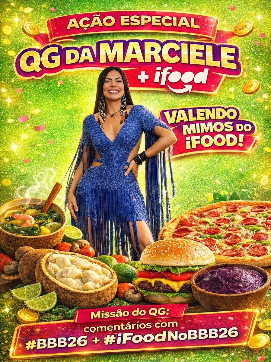 qgdamarcieleofc's tweet photo. Foi aqui que pediram mimos do iFood?

Conseguimos 2 cupons de R$100 pra você pedir O QUE QUISER hoje no app e curtir o programa com um pedido garantido.

Missão da noite:
✅ 3.000 comentários com #iFoodNoBBB26 + #BBB26
✅ As duas hashtags em TODOS os comentários.
✅ Comentar MUITO!

As duas pessoas que MAIS COMENTAREM, levam o cupom.

Bora mostrar a força da Cunhã! 🍔 https://t.co/0iGZwBOrye