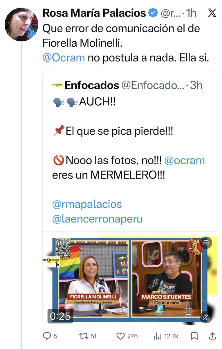 La Sra. RMP sostiene que Fiorella Molinelli cometió un “error de comunicación” en la entrevista con <a href="/ocram/"> Marco Sifuentes 🚀</a>.
Para la próxima, <a href="/FioreMolinelli/">Fiorella Molinelli</a> debería contratarla para una sesión intensiva de Media Training. Como periodista es una gran experta preparando políticos para entrevistas.