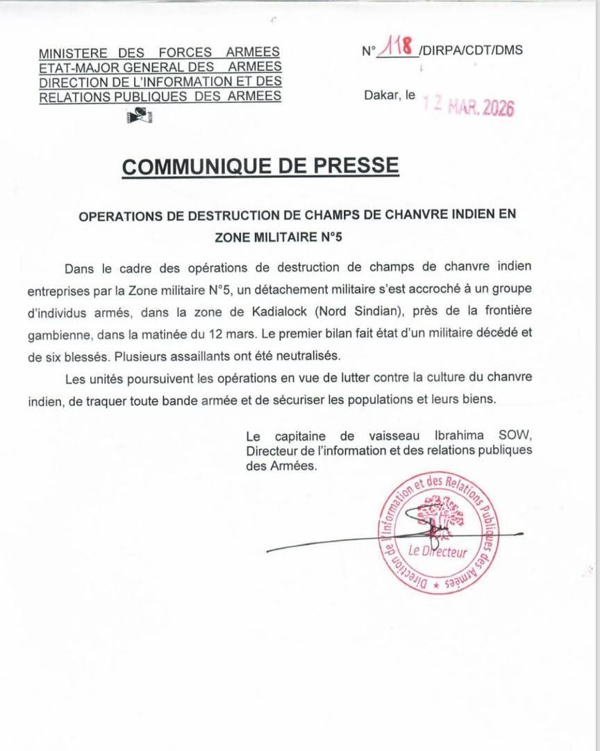 GMSTVOfficiel's tweet image. Casamance Nord Sindian: Lutte contre le chanvre indien-un soldat tombé et 6 blessés dans un accrochage avec un groupe d'individus armés.
#DIRPA 
#senegal