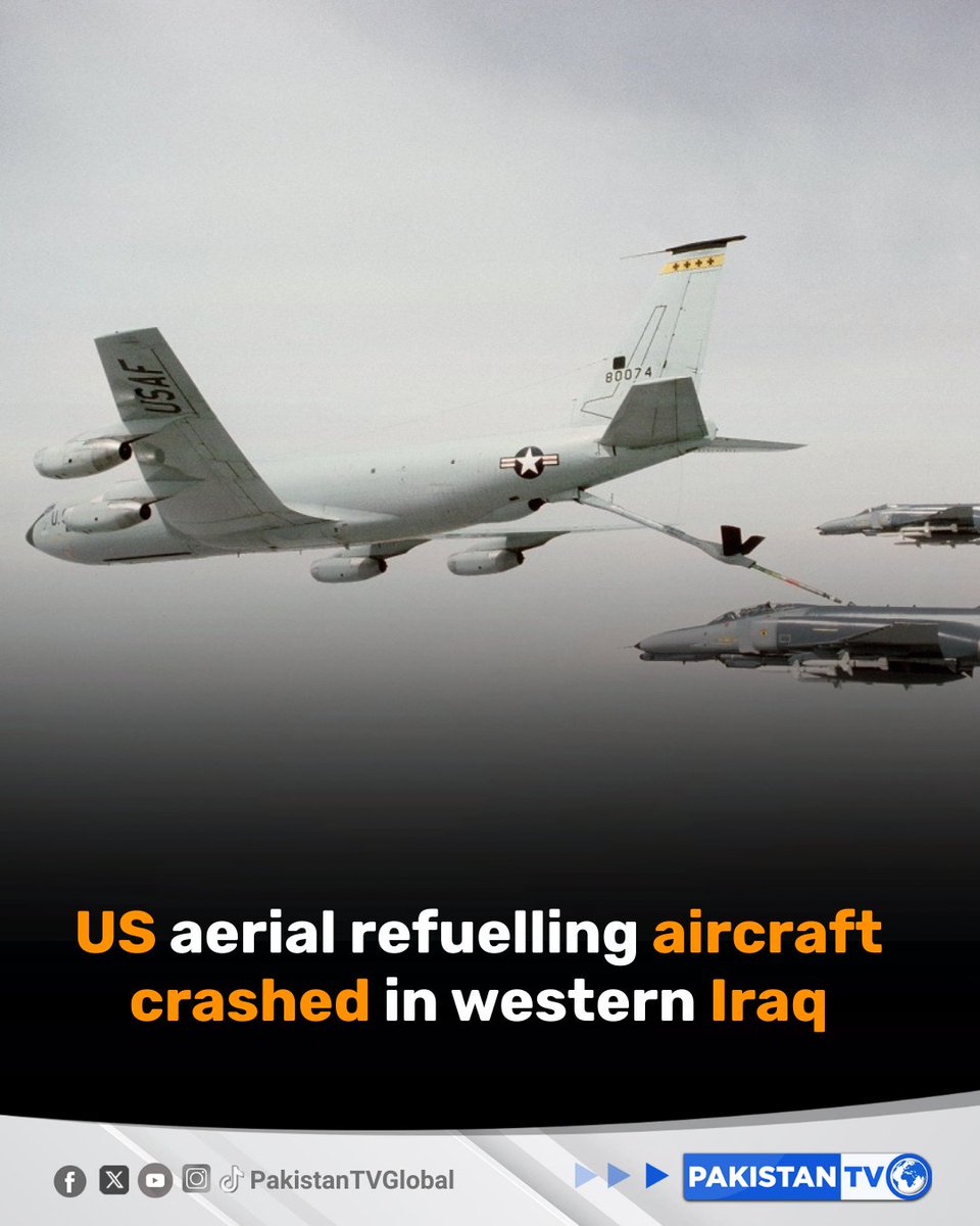 PakTVGlobal's tweet image. The US Central Command has confirmed the loss of a KC-135 refueling aircraft in western Iraq during Operation Epic Fury. It said the incident occurred in friendly airspace and involved two aircraft, with one going down while the other landed safely.

#USCentralCommand #KC135Crash