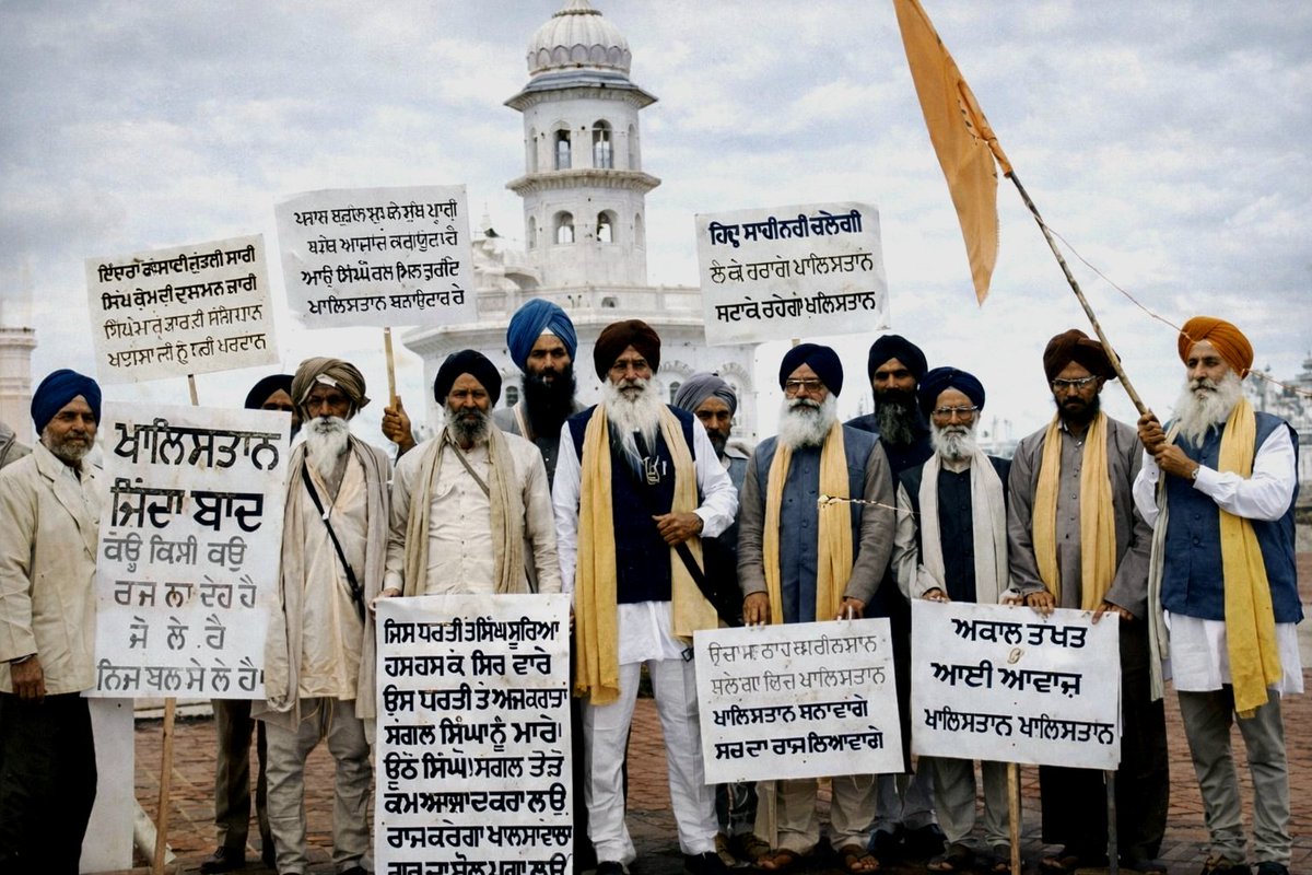Here's a quick snapshot of members of council of khalistan, Jathedar Ujagar Singh Randhawa, S. Hazara Singh, S. Balbir Singh Sandhu, and S. Gopal Singh, teaming up with AISYF on the Teja Singh Samundari Hall rooftop, chanting Khalistan slogans.