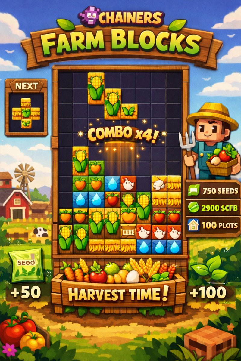 KevineMCh's tweet photo. @PieroMinarGanar Farm Blocks is a fast mini-game inspired by Tetris in the world of Chainers. Players place crop blocks to complete harvest rows and earn Seeds, CFB, and a small chance of plots.
Short matches (1-3 min), simple, addictive, and great for boosting daily engagement. https://t.co/DWK5Tvs1Vr