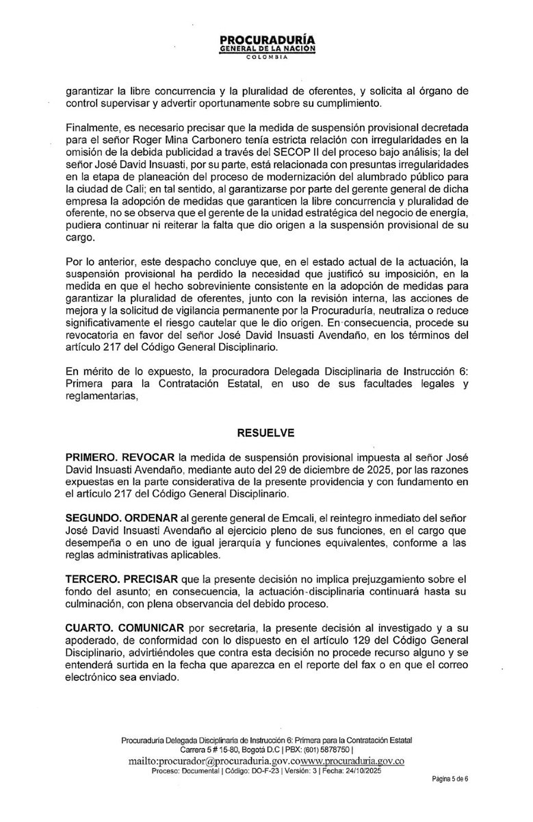 jdinsu's tweet photo. Informo que retomo mis funciones como Gte de Energía de @EMCALIOficial, tras decisión de la @PGN_COL

El acompañamiento de los entes de control fortalece la transparencia en la gestión pública y contribuye a consolidar procesos clave para la ciudad.
Seguimos trabajando por EMCALI https://t.co/xArEQqOZVG