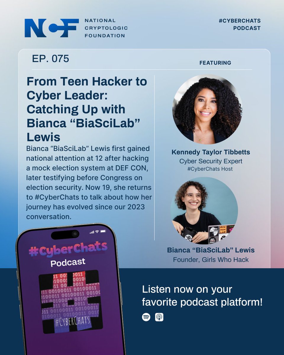 NCFcyber's tweet photo. What were you doing at 12 years old?
@BiaSciLab was hacking a mock election system at DEF CON and soon after testifying before Congress about election security.

Now 19, she’s talking about @GirlsWhoHack and leading DEF CON DC Next Gen.

🎧Tune in: https://t.co/aZx1raKPru https://t.co/kvC8kHcNog