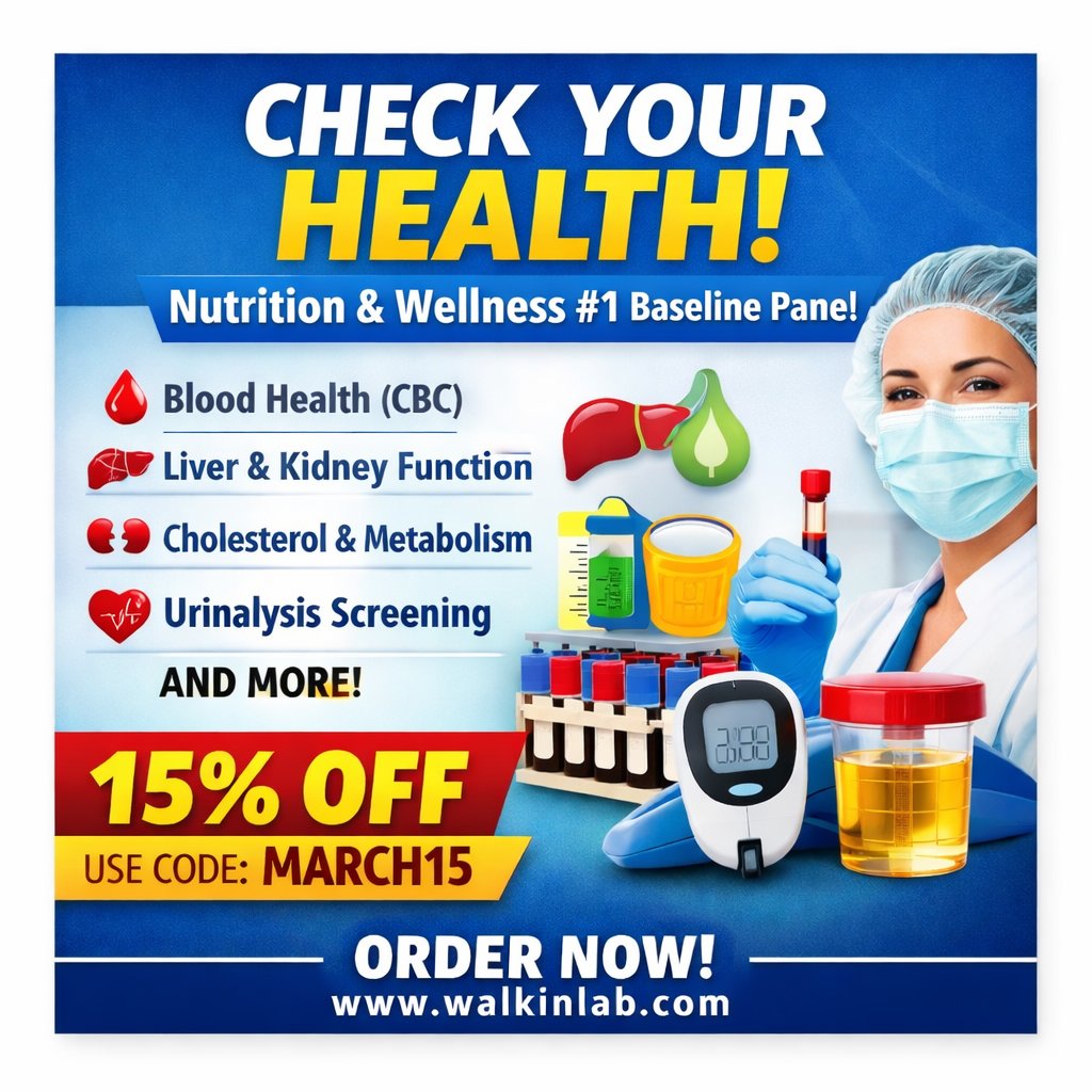 walkinlab's tweet photo. Want a quick snapshot of your health? 🧪
The Nutrition &amp; Wellness #1 Baseline Panel checks blood health, cholesterol, metabolism, and more.
💥 Save 15% OFF with code MARCH15

https://t.co/bKKdLemquU

#HealthTesting #PreventiveHealth https://t.co/zi4UPsiXpT