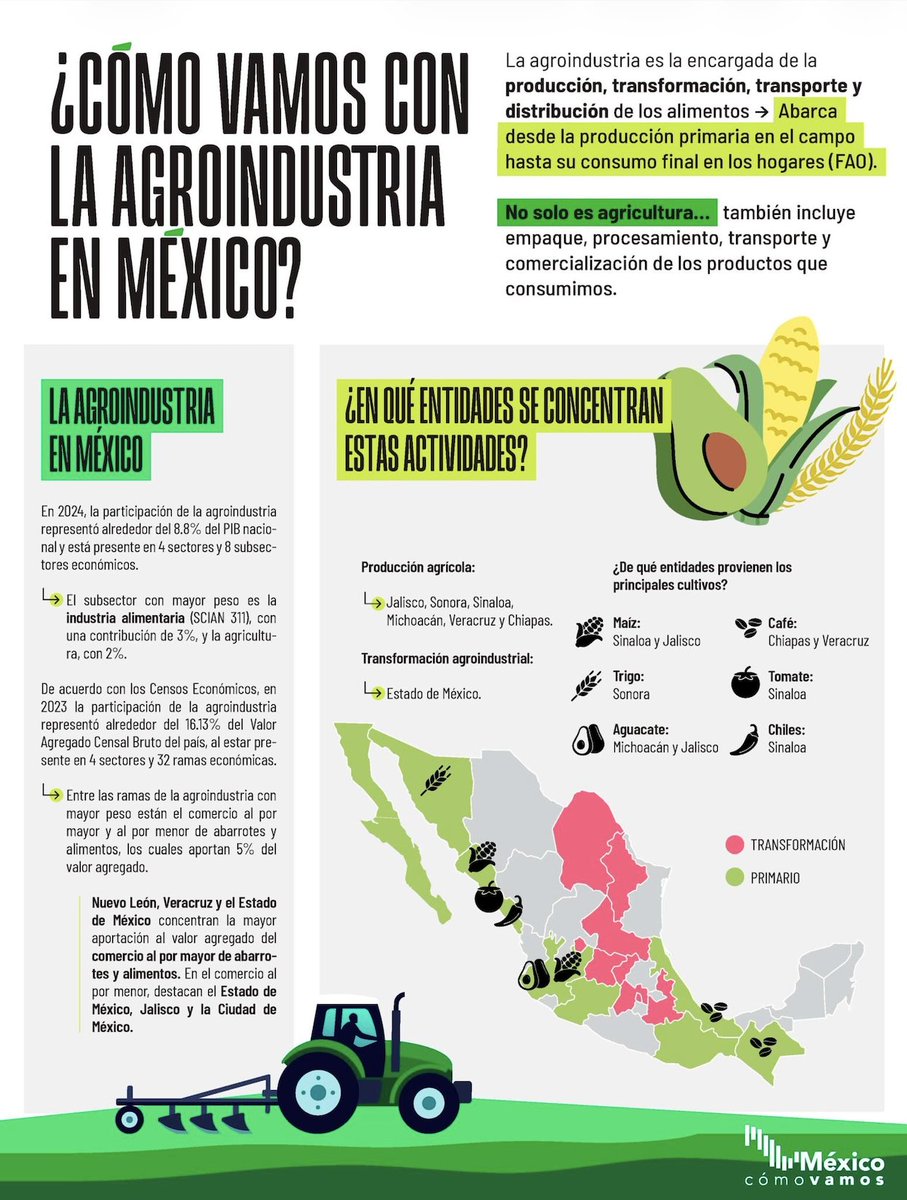 📢 ¿Cómo vamos con la agroindustria en México?

📊 En 2024, este sector representó 8.8% del PIB nacional y emplea a 6.5 millones de personas en la agricultura (10.9% del total).
Un pilar clave para la economía que aún enfrenta retos ➡️ bit.ly/3OsuFIf