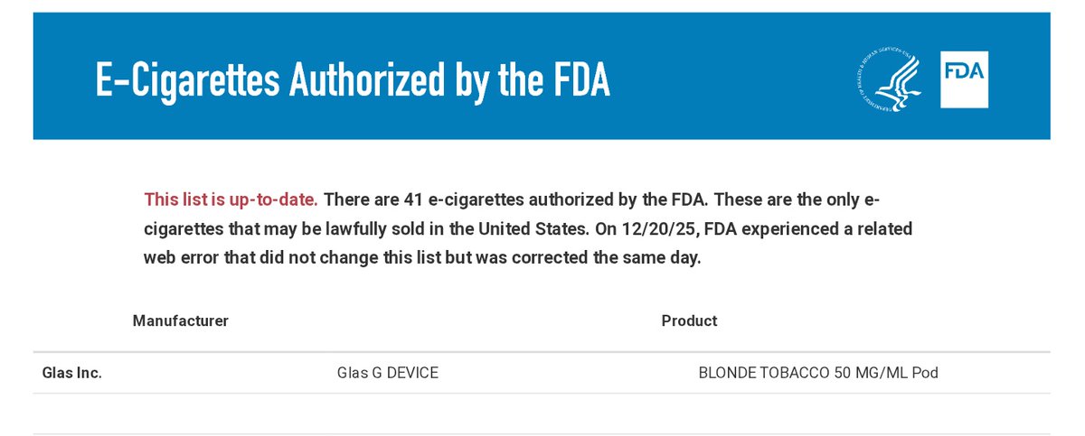 FDA just authorized only the Glas G Device + Blonde Tobacco pods.

A product with built-in age-gating still had to do a longitudinal switching study to prove its flavors were superior to tobacco flavors. They did it, yet their PMTAs are still in limbo.

fda.gov/tobacco-produc…