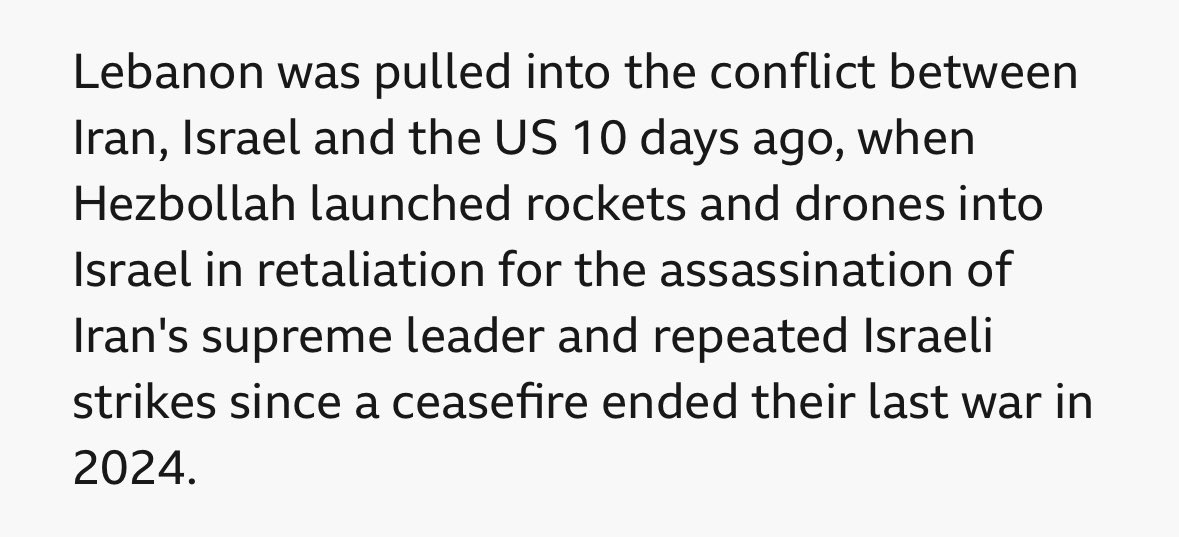 This BBC paragraph is factually untrue. 

It wrongly frames Hezbollah firing at Israel as the starting point, claiming it broke a ceasefire that “ended the war in 2024.” 

But there was never a ceasefire because Israel violated it more than 15,000 times. 

This is propaganda.