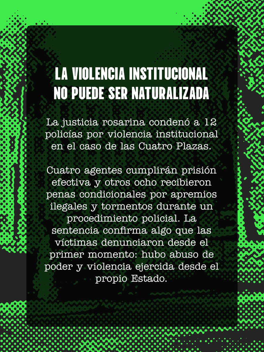 NormaLopezSF's tweet photo. CAUSA CUATRO PLAZAS

La Violencia Institucional no puede ser naturalizada.
Existe. Se denuncia. Se investiga. Y también se puede condenar. https://t.co/g3VaaA2s3n