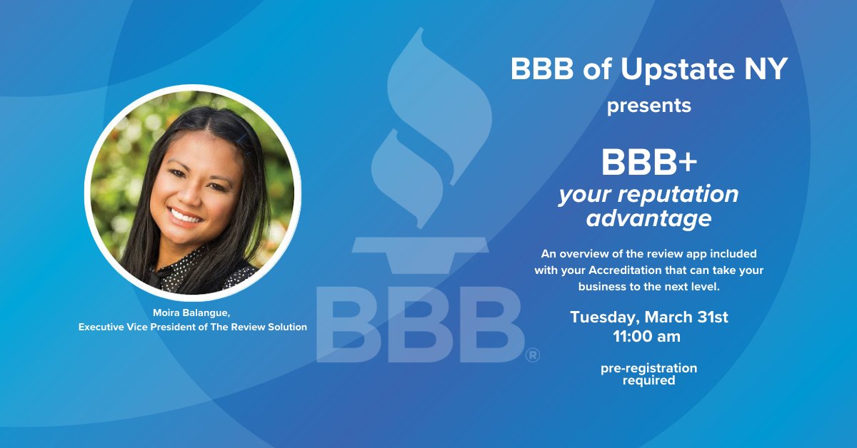 Your BBB Accreditation comes with BBB+, a powerful review platform that helps you build trust with customers.

Join our informational webinar about BBB+

📅 Tuesday, March 31
⏰ 11:00 a.m.
📍 Virtual webinar (pre-registration required)
🔗 Register here: bit.ly/4lsR2Kb
