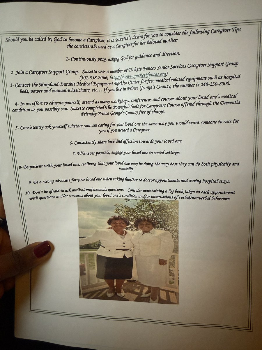MissBeaE's tweet photo. What moved me most was her commitment to helping other families.

She shared practical guidance  in church and brought in an expert to explain warning signs of dementia and Alzheimer’s. One page in the program included caregiver tips that felt too important not to share. https://t.co/aFGlIbJCUZ
