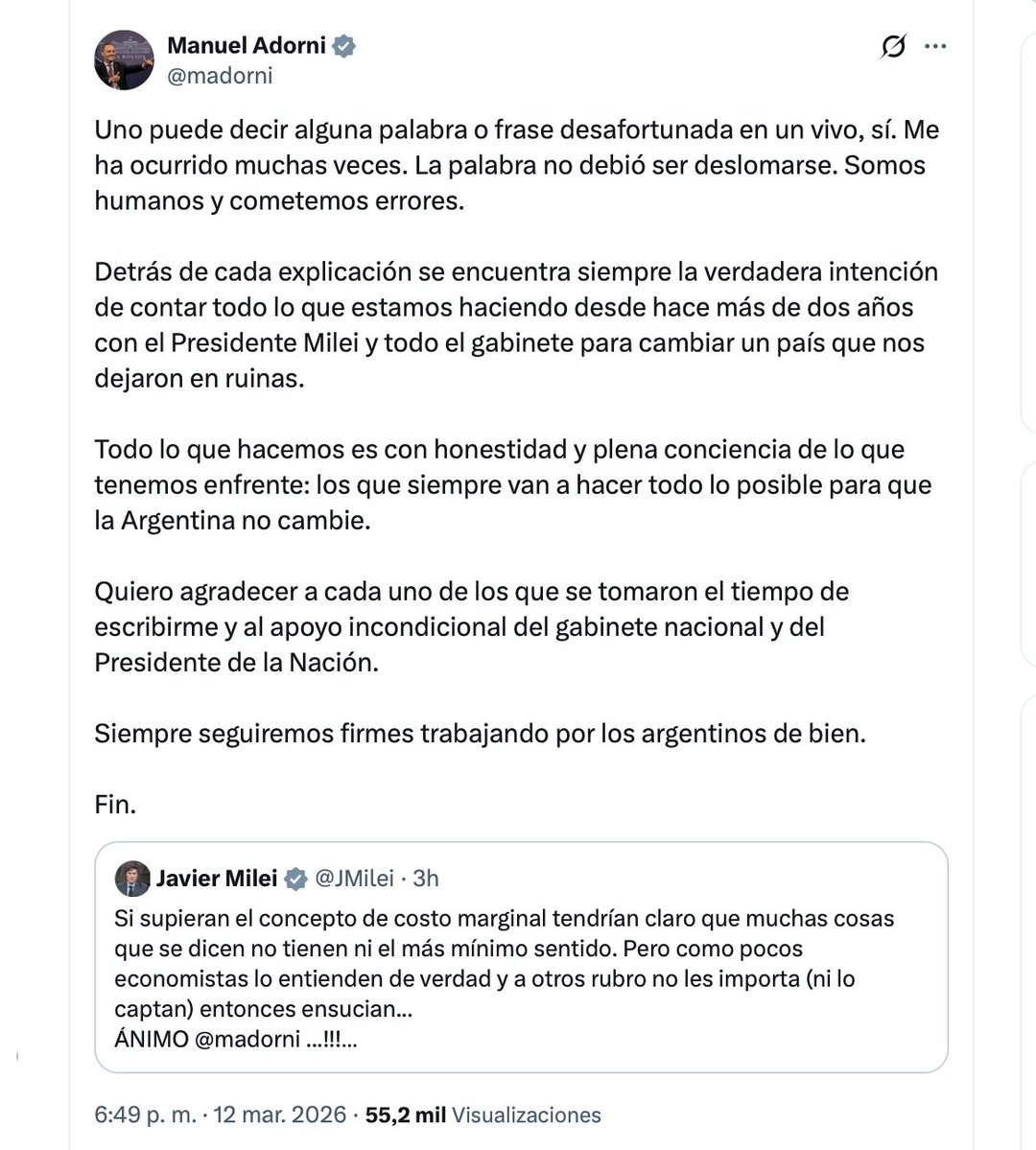 Adorni pide perdón, pero insólitamente solo por haber usado la palabra "deslomarse". No por haberse aprovechado de los recursos públicos para llevar gratis a su mujer a Nueva York. Ni mucho menos explica cómo hizo para pagar un vuelo en avión privado para irse a descansar un fin