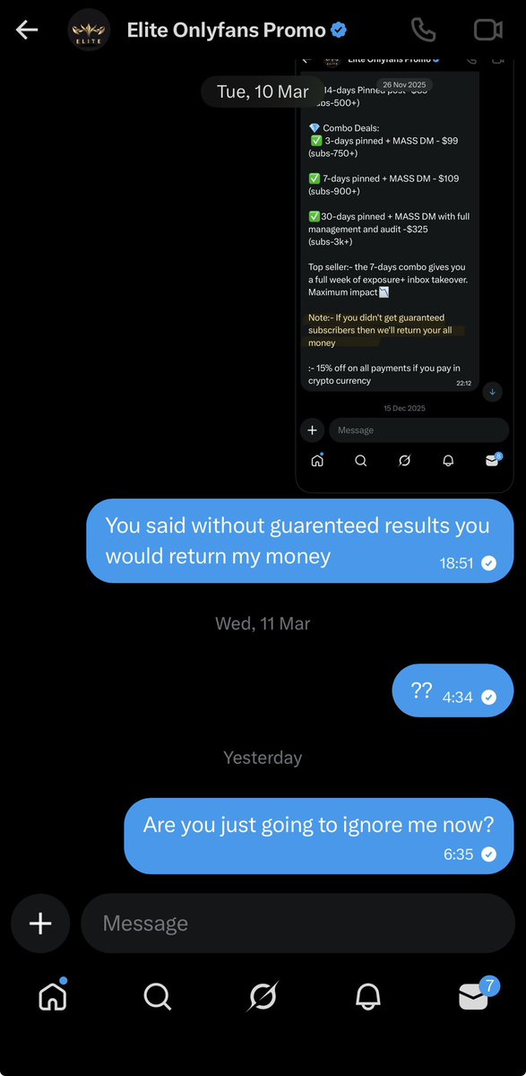 FagInNeed's tweet photo. @Elitefanspromo is a scam. They promise to promote you with guaranteed results or “you get your money back”. When it doesn’t work and you request refund, they read your messages and ignore you.  #scam #scams https://t.co/eGg3IdCPZP