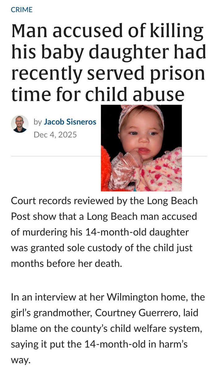 thecrimeanalyst's tweet photo. Utterly horrific. Some days I can’t believe the cavalier disregard for children and women’s safety:

14 month old Tilly Servin was tortured to death by Alfredo Muñoz Jr her biological father in. He has convictions for child abuse and attempted murder and yet he was given full custody.

How does that even happen when he’d just come out of prison after a four year sentence for child abuse?

Alfredo, 41, and Kelly Muñoz, 34, were arrested on suspicion of murder and torture in November after Tilly was rushed to the hospital with a severe brain injury. Both have pleaded not guilty to charges of felony child abuse.

Alfredo Muñoz initially said he tripped over a baby gate while holding Tilly, according to an autopsy report from the L.A. County medical examiner.

Sweet Tilly died Nov. 10.

The autopsy found a “constellation of injuries that cannot be explained by a single low-level or short-distance accidental fall,” including blunt head trauma and a severe spinal cord injury.

Tilly had “repeated inflicted trauma,” the medical examiner found.

Quite rightly Alexis, Tilly’s mother, has filed a lawsuit.

The people making these decisions need to be investigated and prosecuted. Enough is enough. There need to be serious consequences

Reporting @longbeachpost @latimes

#TillyServin #DomesticAbuse #SerialPerpetrator #CrimeAnalyst #Facts