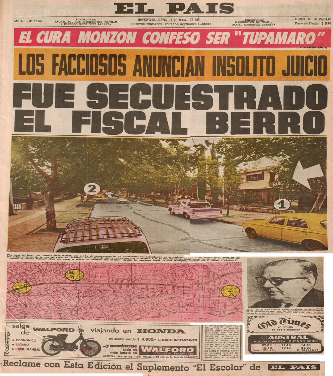 urraburu's tweet photo. #ComandoPasado 11 de marzo de 1971. Fue secuestrado por los #tupamaros el fiscal Guido #Berro. Lo mantuvieron encerrado en un agujero bajo tierra 13 días.
Dos años después fue el golpe de estado y el inicio de una dictadura de 12 años. https://t.co/tdfHvxBfkO