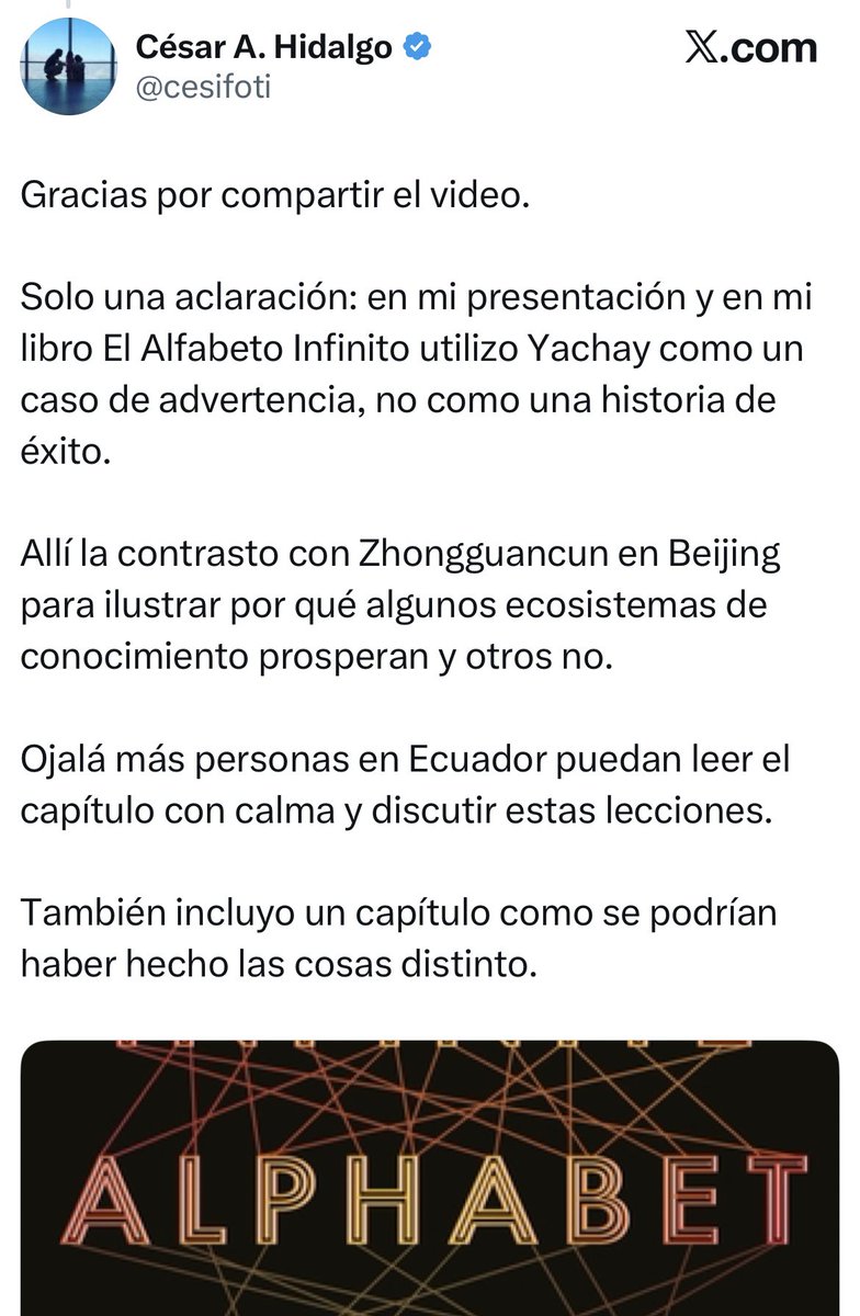 ¡Ay, Rafa, te foquearon! Rafael Correa destacó la exposición en Oxford del físico ecuatoriano César Hidalgo, pensando que ponía como un buen ejemplo Yachay. Pero Hidalgo le respondió y explicó que puso a Yachay como ejemplo de lo que no se debe hacer nunca: “un caso de