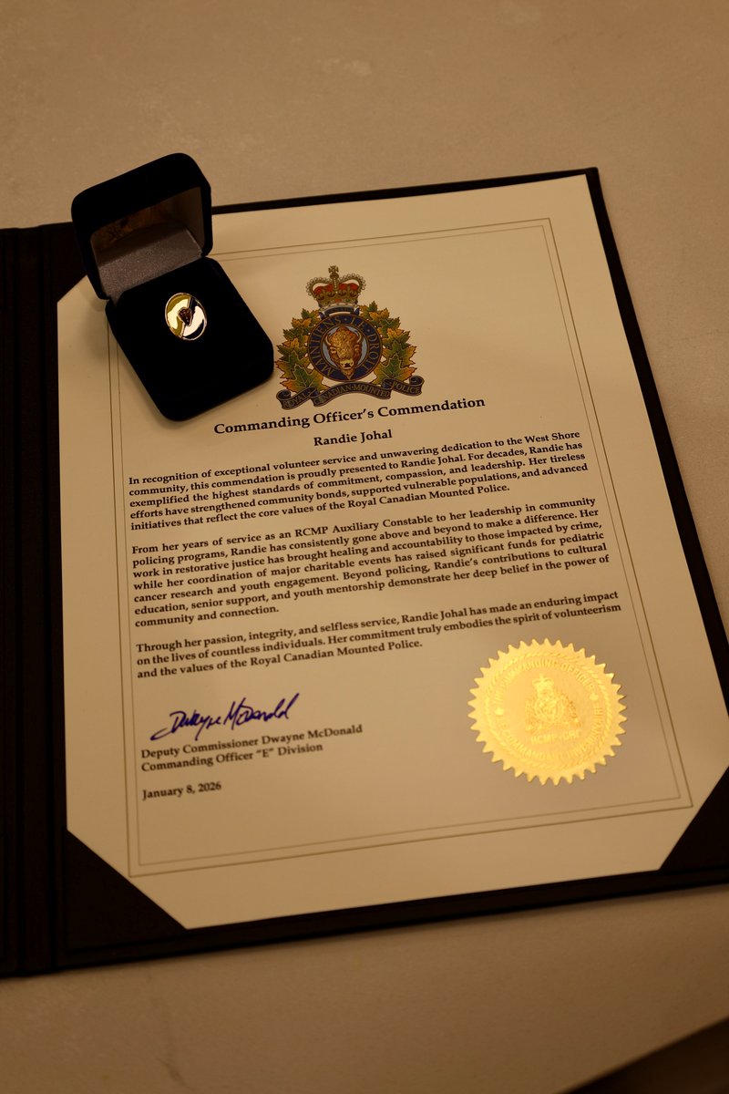 WestshoreRCMP's tweet photo. Congratulations to Randie Johal, our West Shore Restorative Justice Coordinator and long-time volunteer, who received the BC RCMP Commanding Officer’s Commendation today.

Alongside the many hours she dedicates to leading our Restorative Justice program, Randie served for years as an Auxiliary Constable and now helps lead many of our Cops for Cancer fundraising efforts. 

Her work fosters accountability, healing, and connection — values that reflect the very best of community policing.