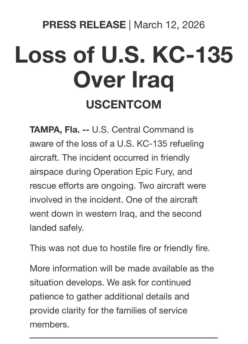 MidPosts's tweet photo. A US KC-135 has crashed in Iraq and another landed in Tel Aviv after an incident above Iraq. https://t.co/kk3K1DAWDg