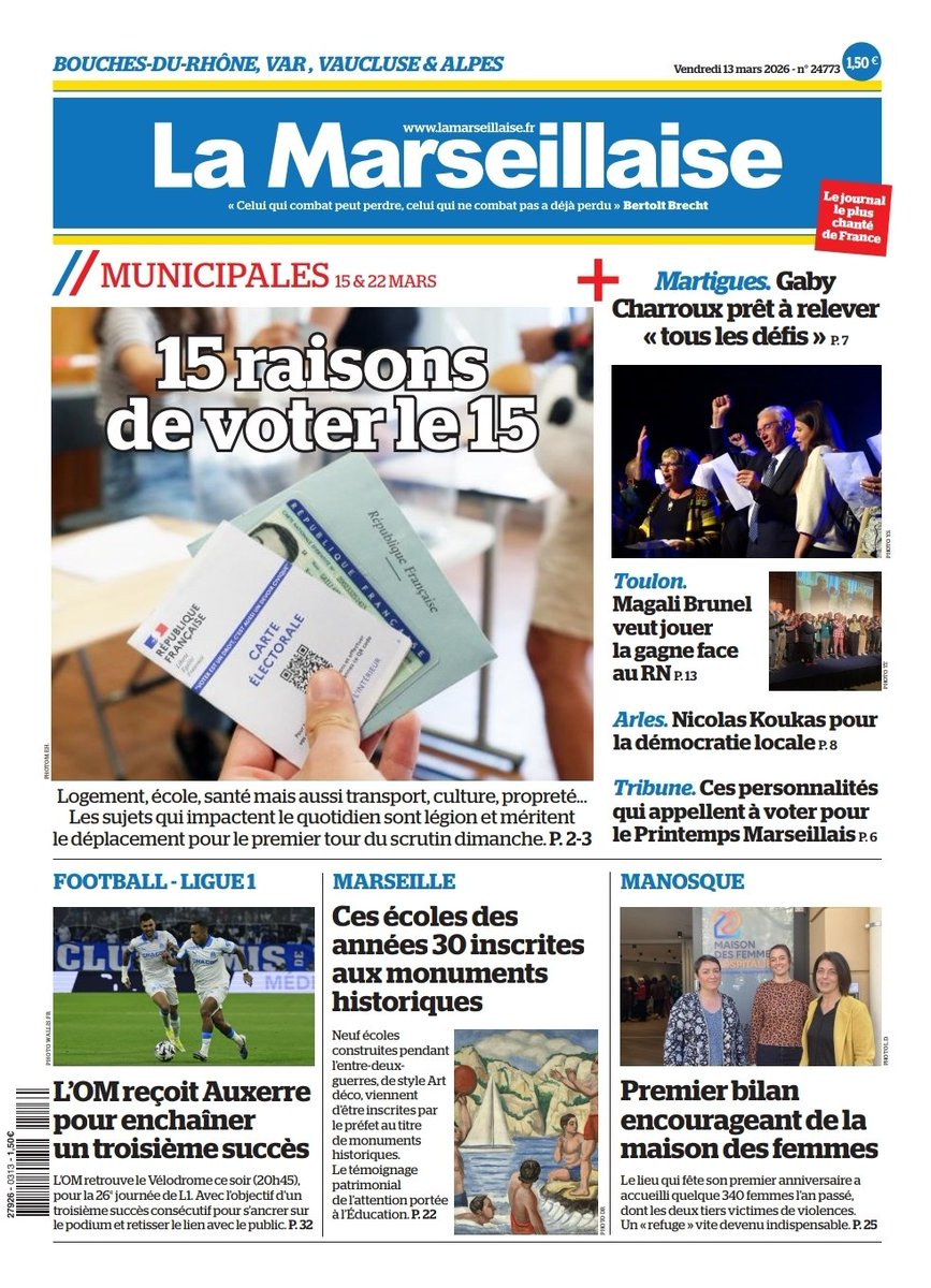 15 raisons de voter le 15 

A la Une de La Marseillaise du vendredi 13 mars. 🗞