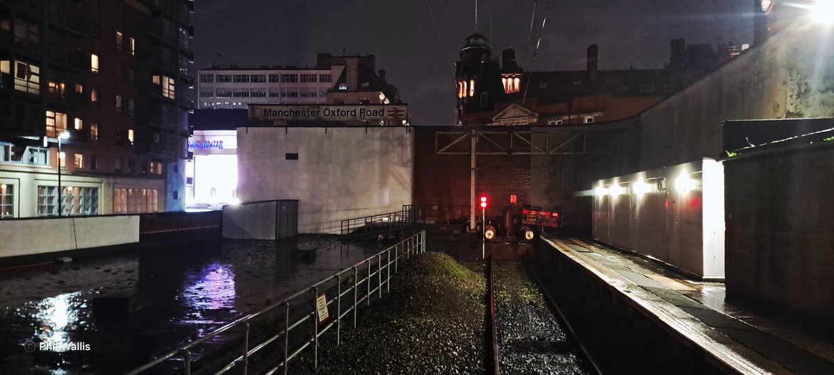 Guard_Amos's tweet image. Tonight's view from the @northernassist #mobileoffice comes from Manchester Oxford Road. The station running board stands tall above the former platform 6 and the Palace Theatre advertisements show that Mamma Mia tickets are available