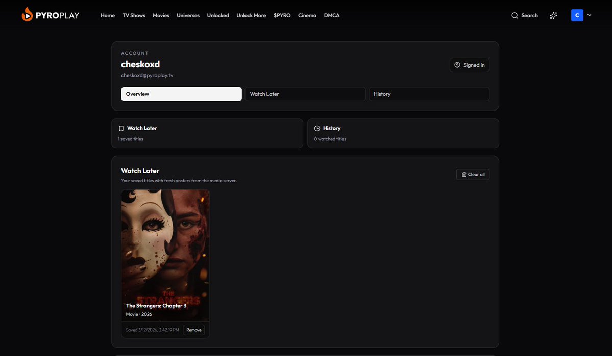 Profiles and Watch Later are now Live on <a href="/pyroplaytv/">Pyro Play</a> 

Go create your account and save movies to watch later (currently working on saving progress and history)

Website: pyroplay.tv
CA: 14qW8bcMkmHQtgJ8VohkR4FXiuYWqvLy4AtpGbuDpyro