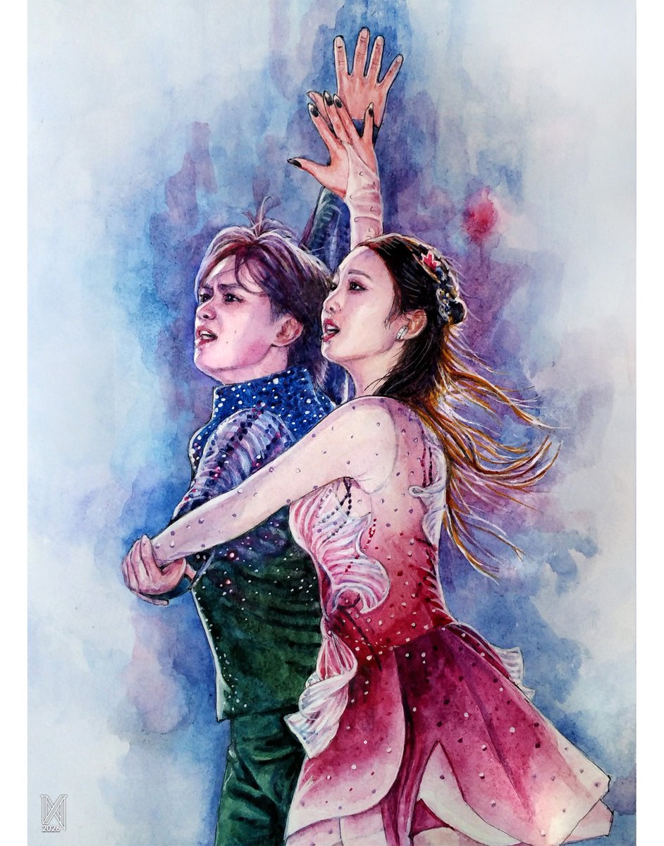 #ShoMarin ✨

Watercolor, black ballpoint pen, white gouache 🖌️🖋️
#IceBrave
#ShomaUno #宇野昌磨  
#MarinHonda  #本田真凜
#fanart