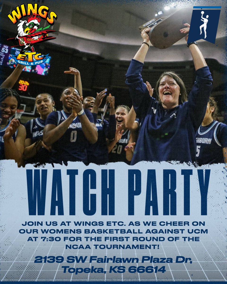 🏀🎉 Watch Party Alert!

Join us tomorrow night as we cheer on the Washburn Women’s Basketball team in the first round of the NCAA Division II Women's Basketball Tournament!

We’re gathering at Wings Etc. Grill &amp; Pub to watch the Ichabods take on the Central Missouri Jennies.

📍