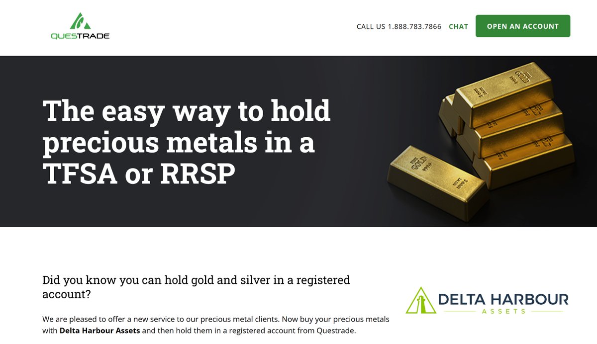 Did you know you can hold #gold and #silver in a registered account?
We are pleased to offer you physical precious metals through Delta Harbour Assets in a registered account from Questrade.  questrade.com/precious-metal… 

#tfsa #rrsp #lira #lif #rif #tangibleassets 

#soundmoney