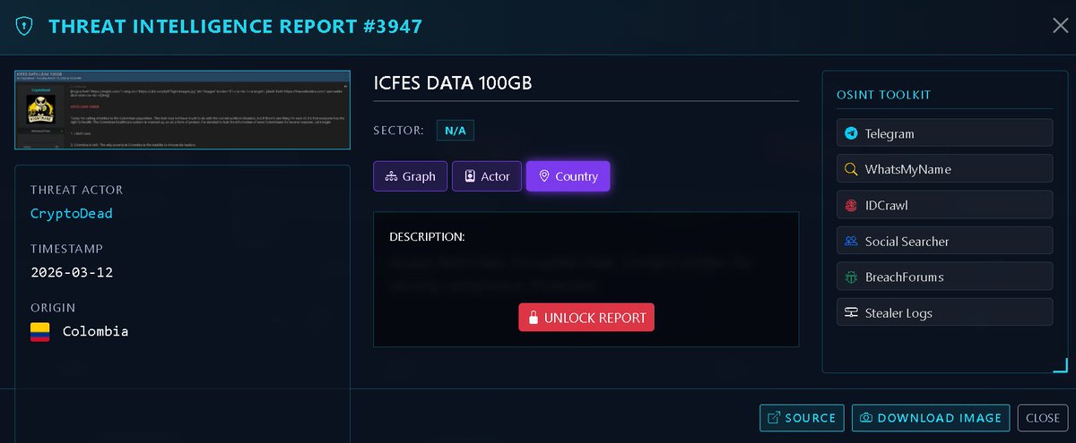 🚨 CRITICAL ALERT: Massive Data Breach Targeting Colombian Population 🇨🇴

⚠️ Victim: ICFES (Instituto Colombiano para la Evaluación de la Educación) 🎓 
👤 Threat Actor: CryptoDead 
 📅 Date: March 12, 2026 🗓️ 
🌐 Country: Colombia 🇨🇴

A catastrophic data leak has been announced