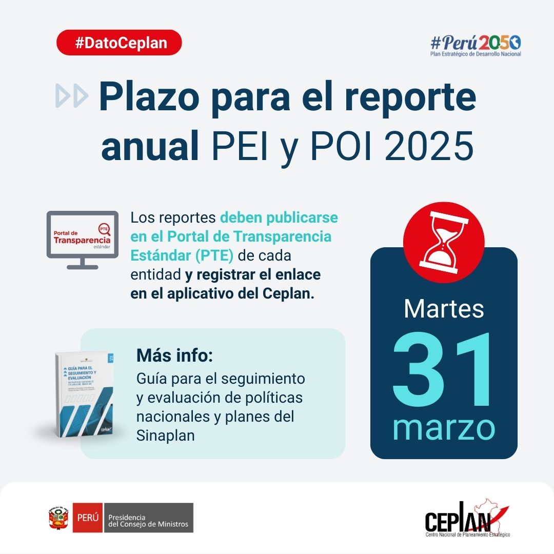 CEPLAN2050's tweet image. #DatoCeplan | El 31 de marzo vence el plazo para presentar el reporte de #seguimiento anual #PEI del 2025 y #POI del 2025.

👉 Para ayudarte:
🎥 Mira la capacitación: youtube.com/watch?v=QMUG04…🖱️
📲 Descarga el PPT: ceplan.pe/F6a635🖱️
📌 Guía: gob.pe/es/i/5678657🖱️