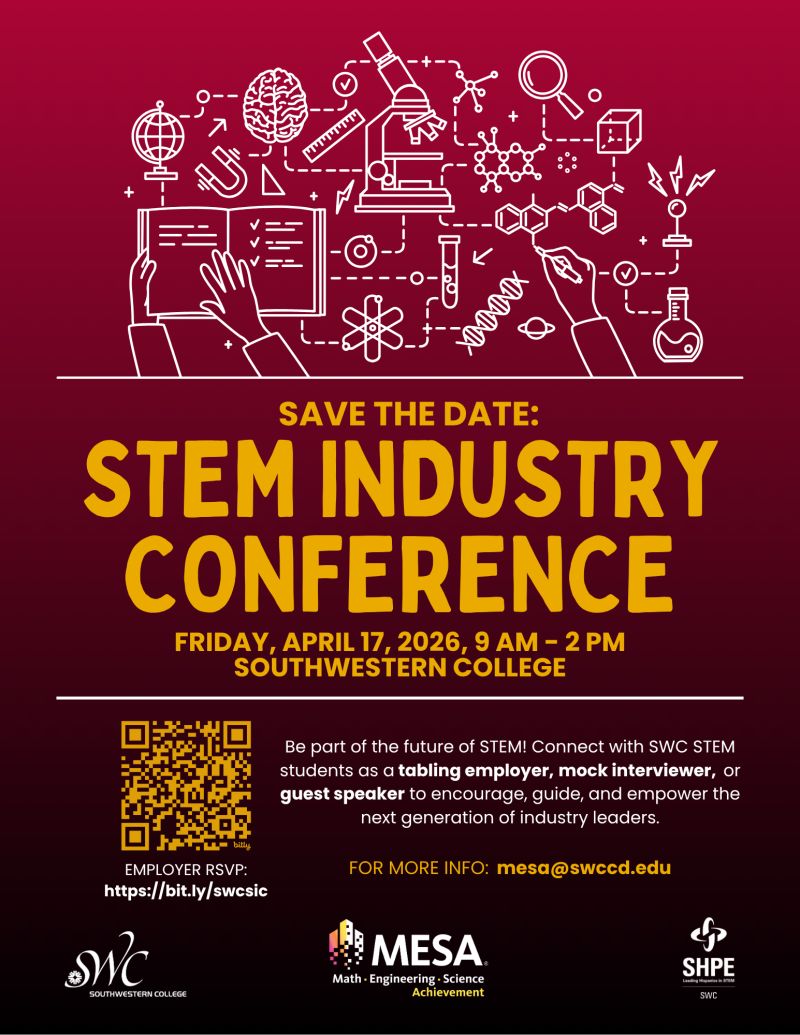 You are invited to participate in Southwestern College’s STEM Industry Conference on Friday, April 17, 2026! This event is an excellent opportunity to engage with our talented STEM students and help develop their professional skills for future careers.
