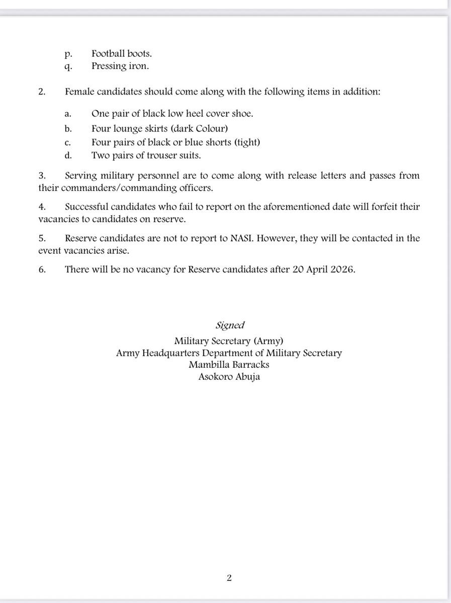 PUBLIC ANNOUNCEMENT
 
SUCCESSFUL CANDIDATES FOR DIRECT SHORT SERVICECOMMISSION 29/2026
 
The Nigerian Army wishes to inform the general public that the successful candidates for Direct Short Service Commission 29/2026 Selection Board are to report for officer cadet training at
